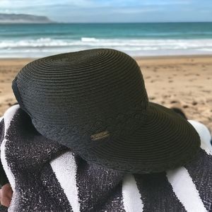 Sun N Sand Black Woven Hat with Wide Brim Backless Pony Tail Holder